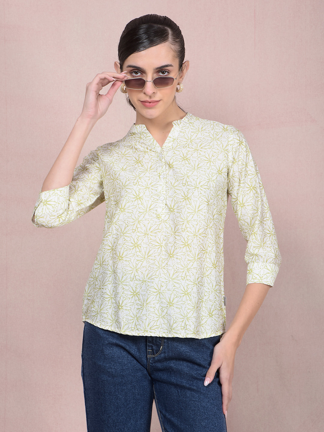 Green Floral Print V-Neck Top-Women Tops-Crimsoune Club