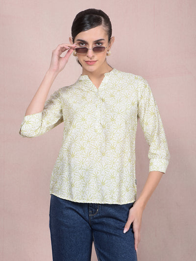 Green Floral Print V-Neck Top-Women Tops-Crimsoune Club