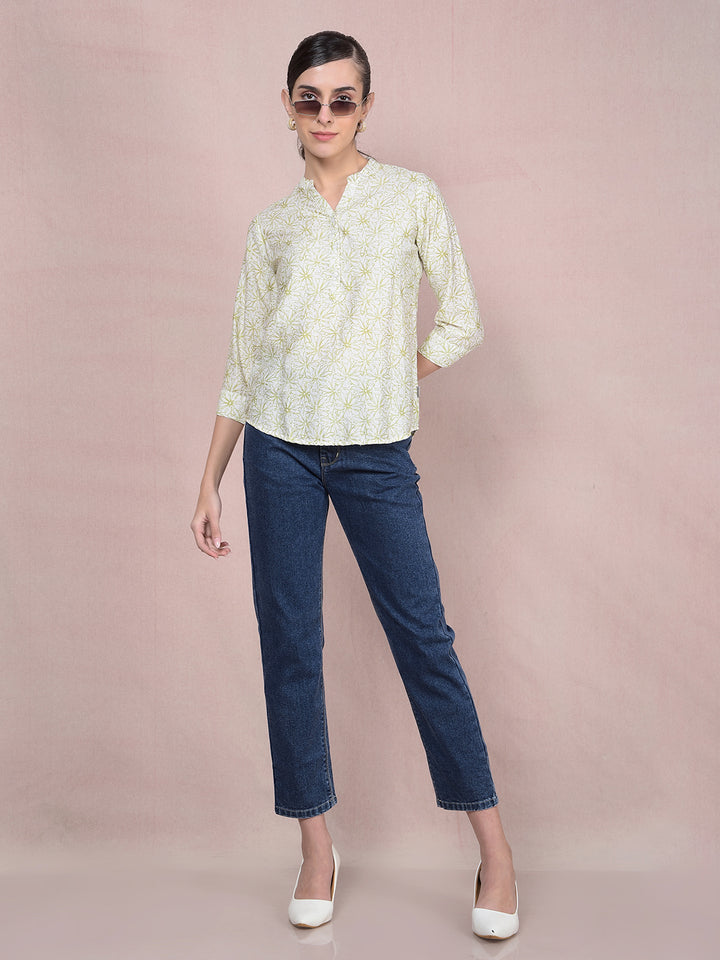 Green Floral Print V-Neck Top-Women Tops-Crimsoune Club