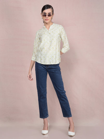 Green Floral Print V-Neck Top-Women Tops-Crimsoune Club