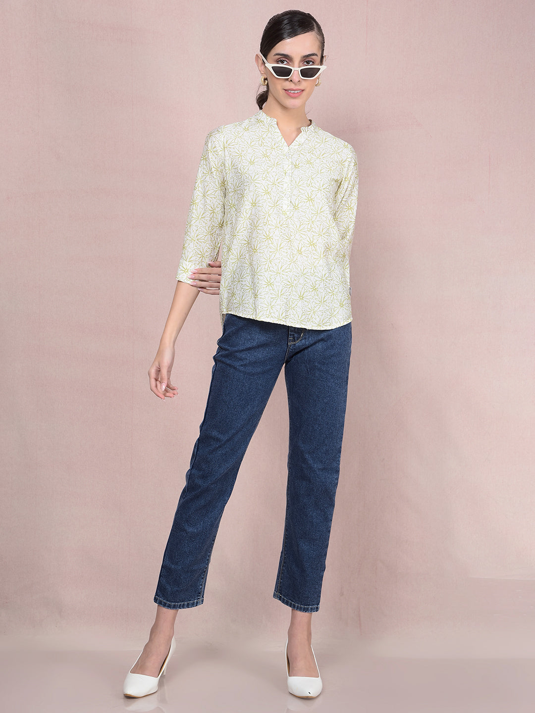 Green Floral Print V-Neck Top-Women Tops-Crimsoune Club