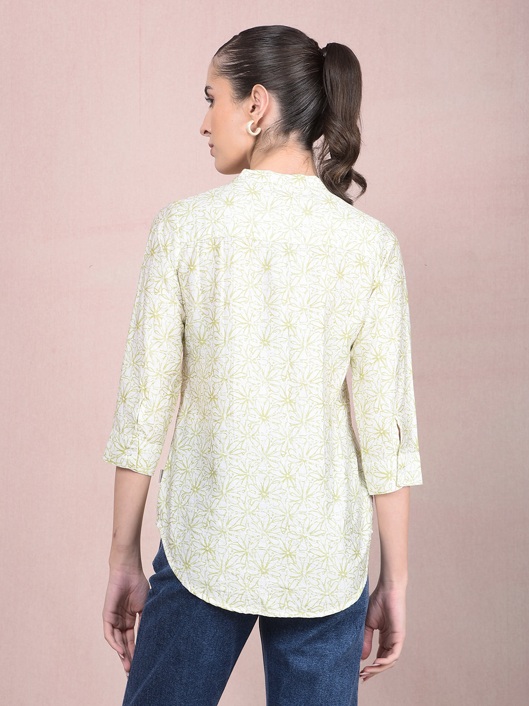Green Floral Print V-Neck Top-Women Tops-Crimsoune Club