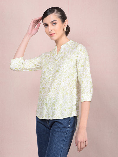Green Floral Print V-Neck Top-Women Tops-Crimsoune Club