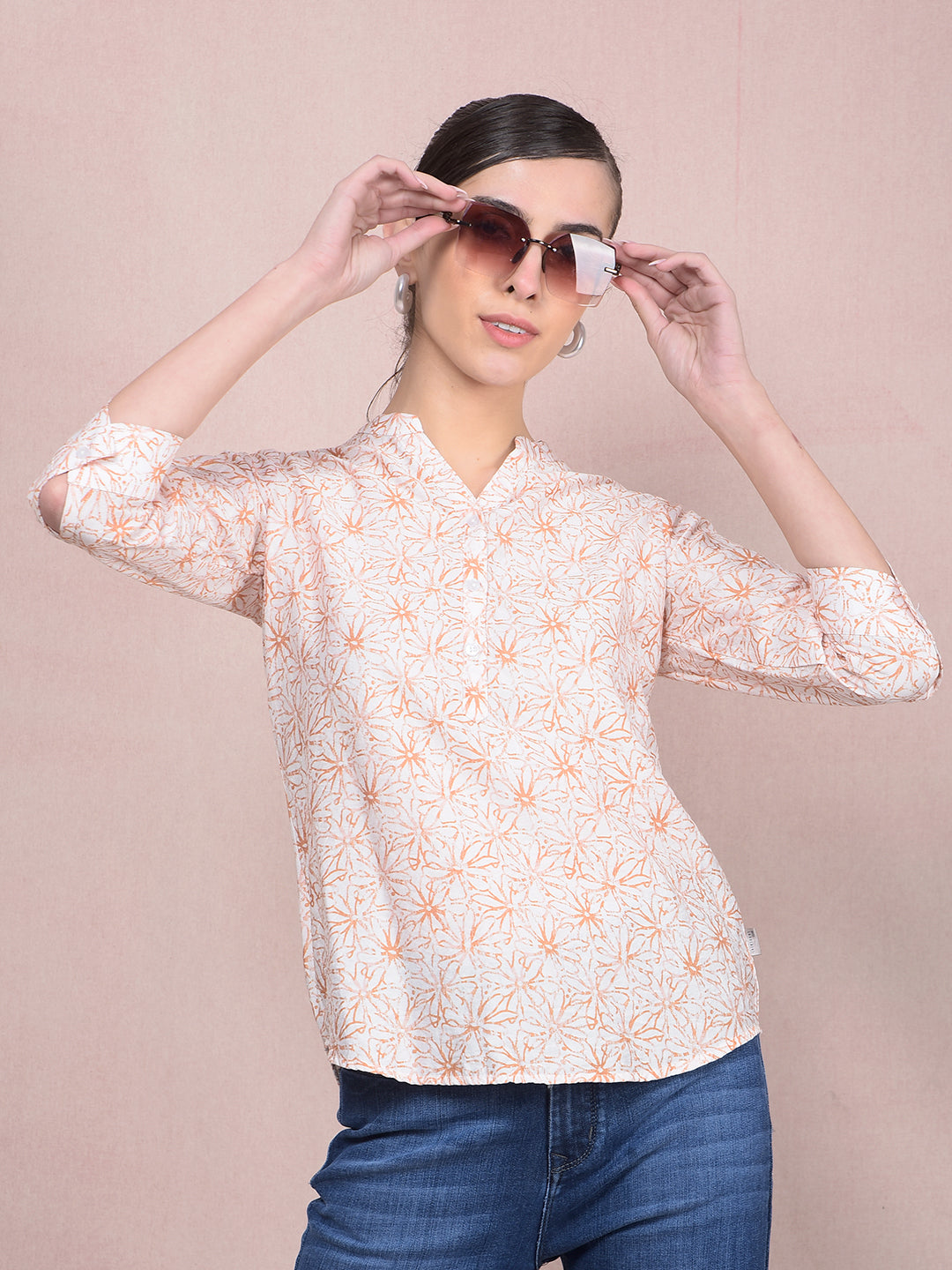 Peach Floral Print V-Neck Top-Women Tops-Crimsoune Club