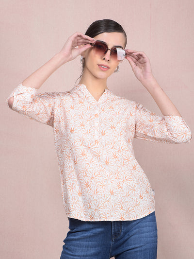 Peach Floral Print V-Neck Top-Women Tops-Crimsoune Club