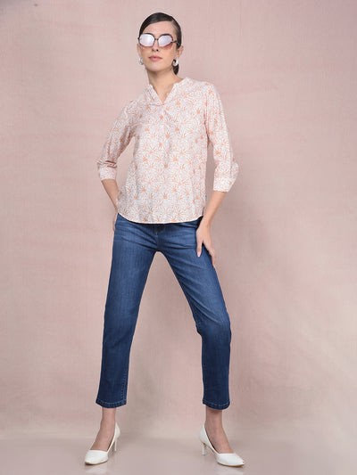 Peach Floral Print V-Neck Top-Women Tops-Crimsoune Club