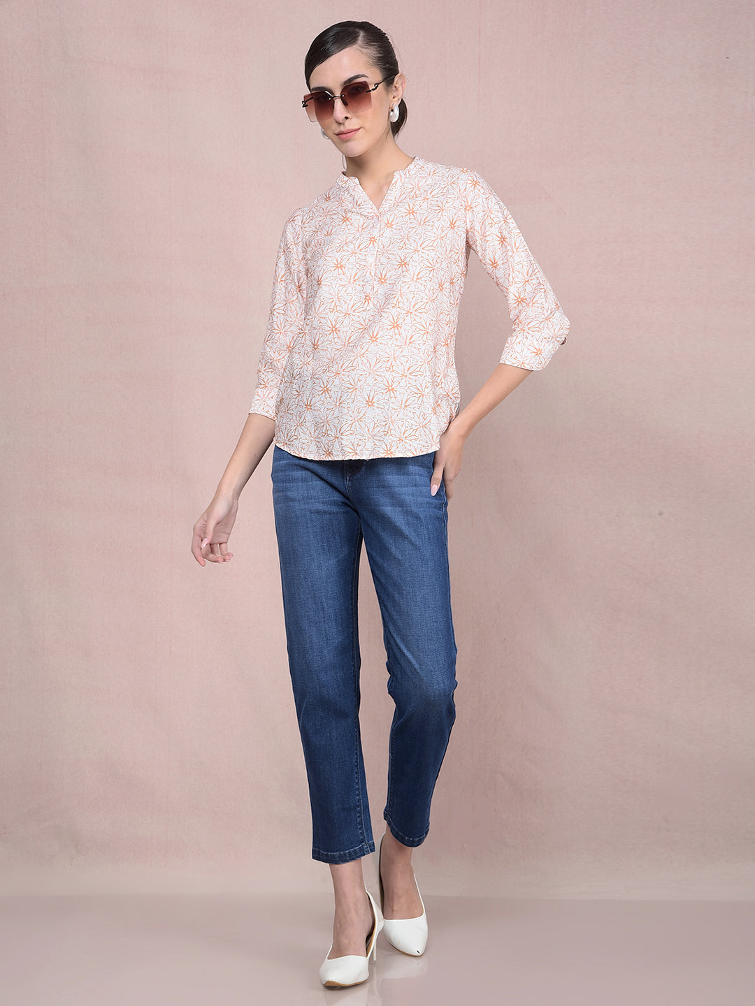 Peach Floral Print V-Neck Top-Women Tops-Crimsoune Club