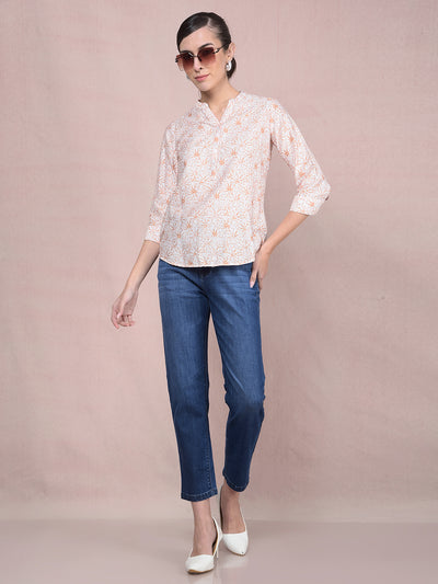 Peach Floral Print V-Neck Top-Women Tops-Crimsoune Club
