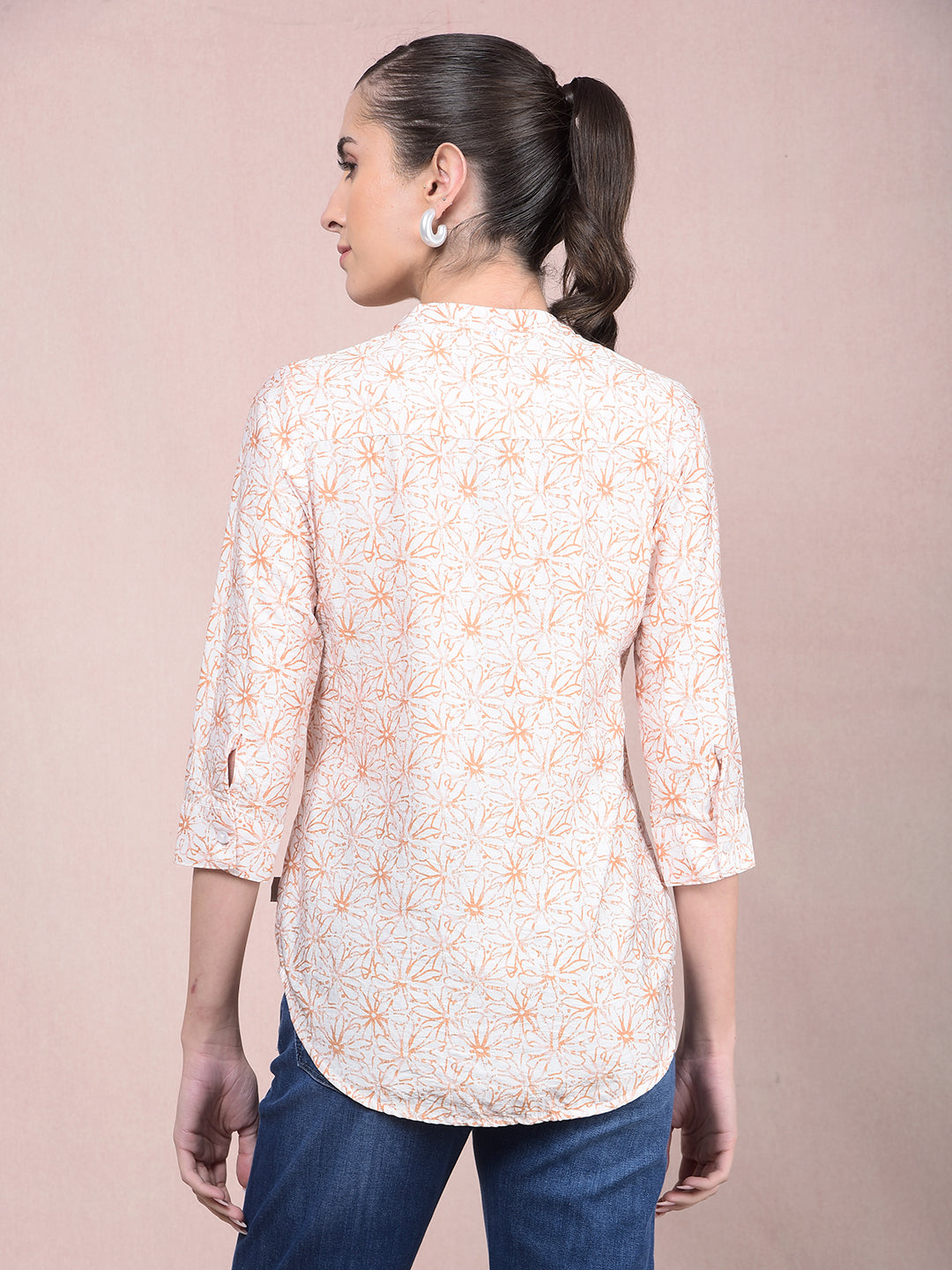 Peach Floral Print V-Neck Top-Women Tops-Crimsoune Club