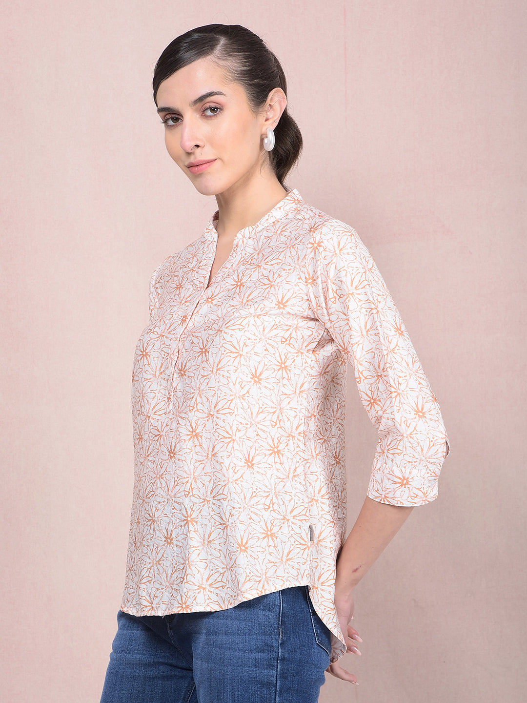 Peach Floral Print V-Neck Top-Women Tops-Crimsoune Club