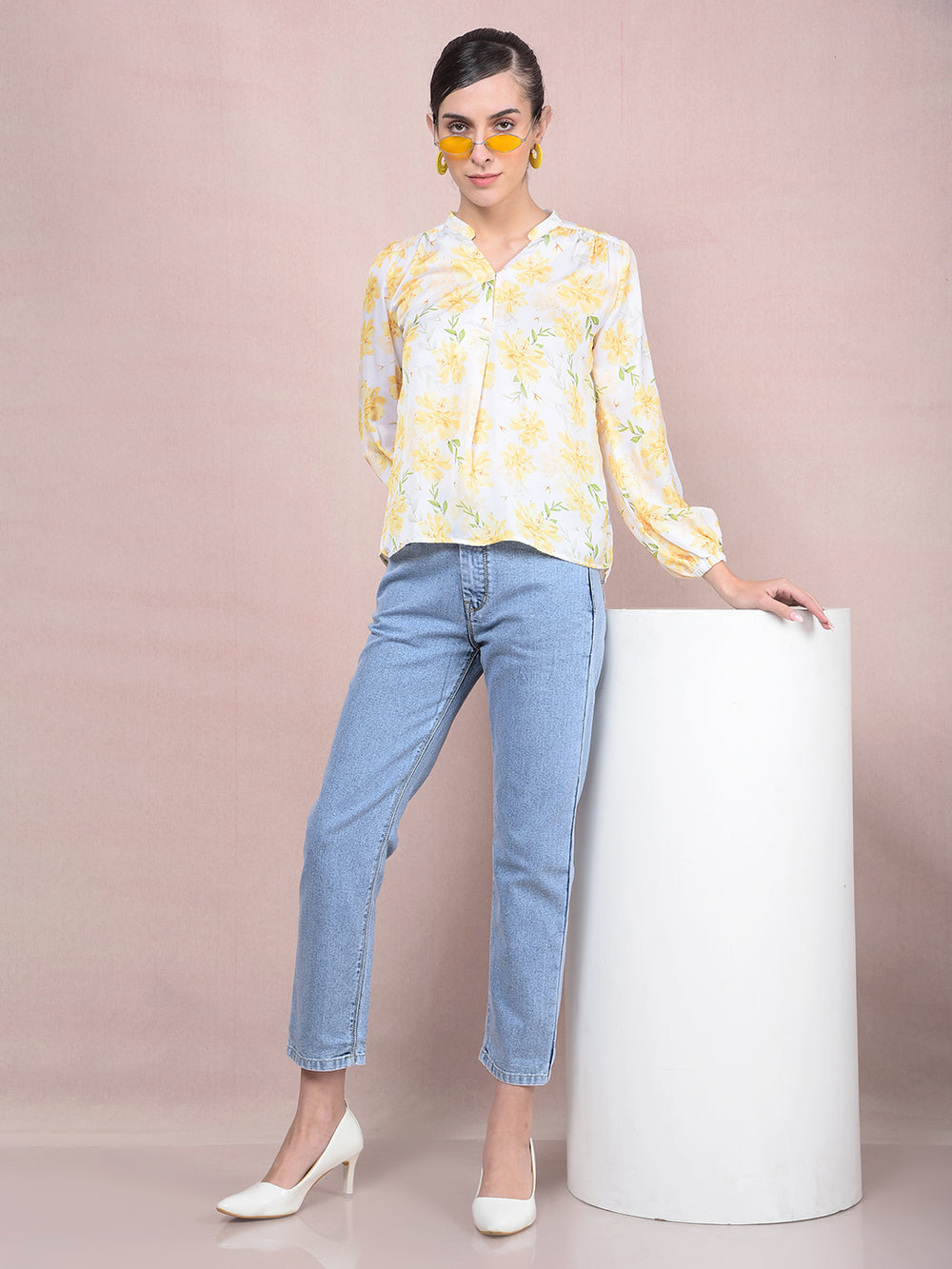 Yellow Floral Print V-Neck Top-Women Tops-Crimsoune Club