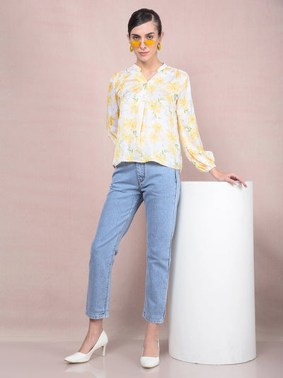 Yellow Floral Print V-Neck Top-Women Tops-Crimsoune Club