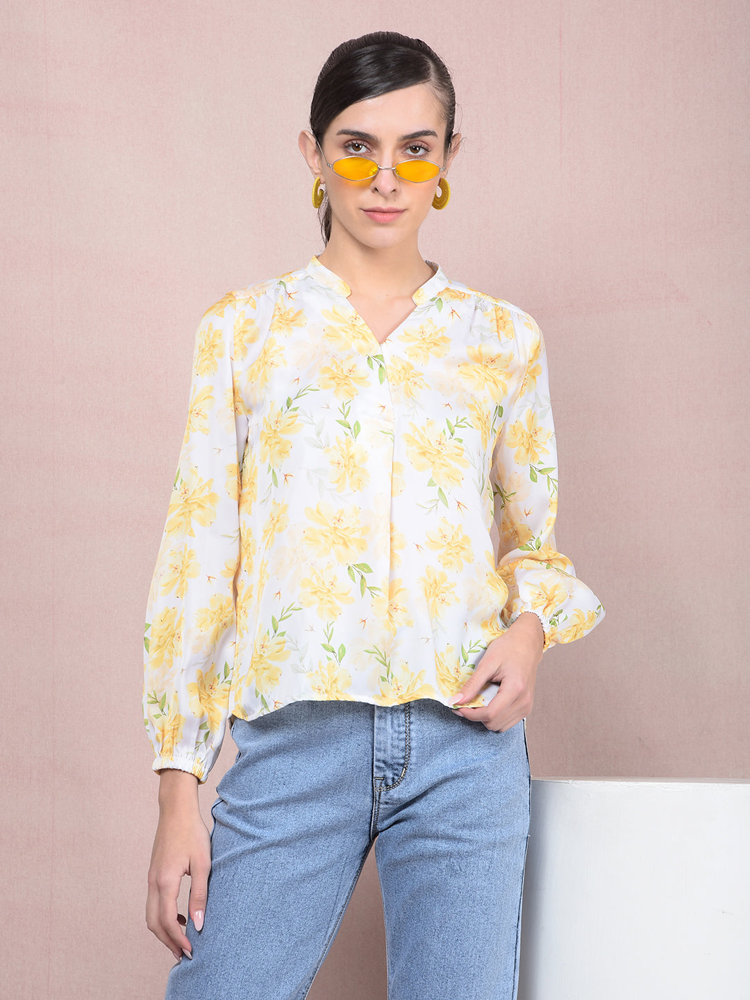 Yellow Floral Print V-Neck Top-Women Tops-Crimsoune Club