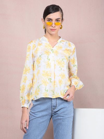 Yellow Floral Print V-Neck Top-Women Tops-Crimsoune Club