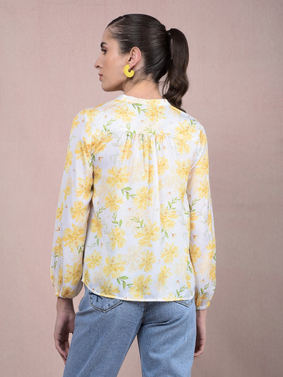 Yellow Floral Print V-Neck Top-Women Tops-Crimsoune Club