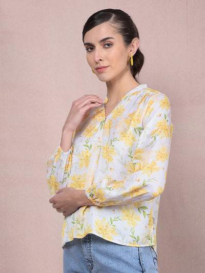 Yellow Floral Print V-Neck Top-Women Tops-Crimsoune Club