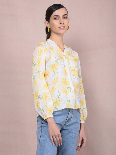 Yellow Floral Print V-Neck Top-Women Tops-Crimsoune Club