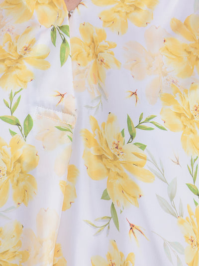 Yellow Floral Print V-Neck Top-Women Tops-Crimsoune Club