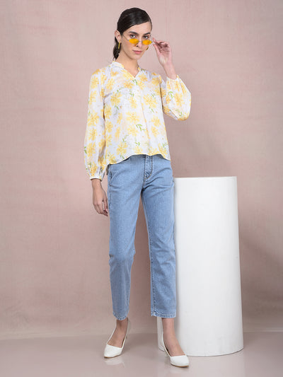 Yellow Floral Print V-Neck Top-Women Tops-Crimsoune Club