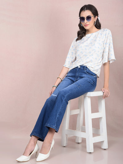 Blue Floral Print Top-Women Tops-Crimsoune Club