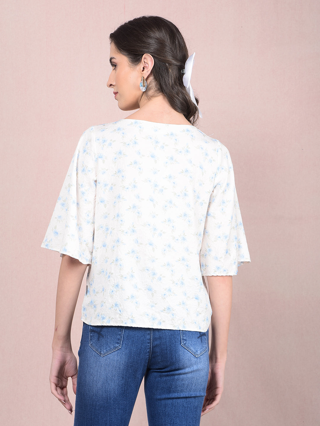 Blue Floral Print Top-Women Tops-Crimsoune Club
