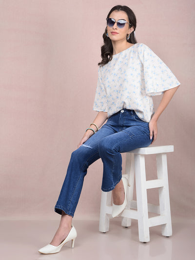 Blue Floral Print Top-Women Tops-Crimsoune Club