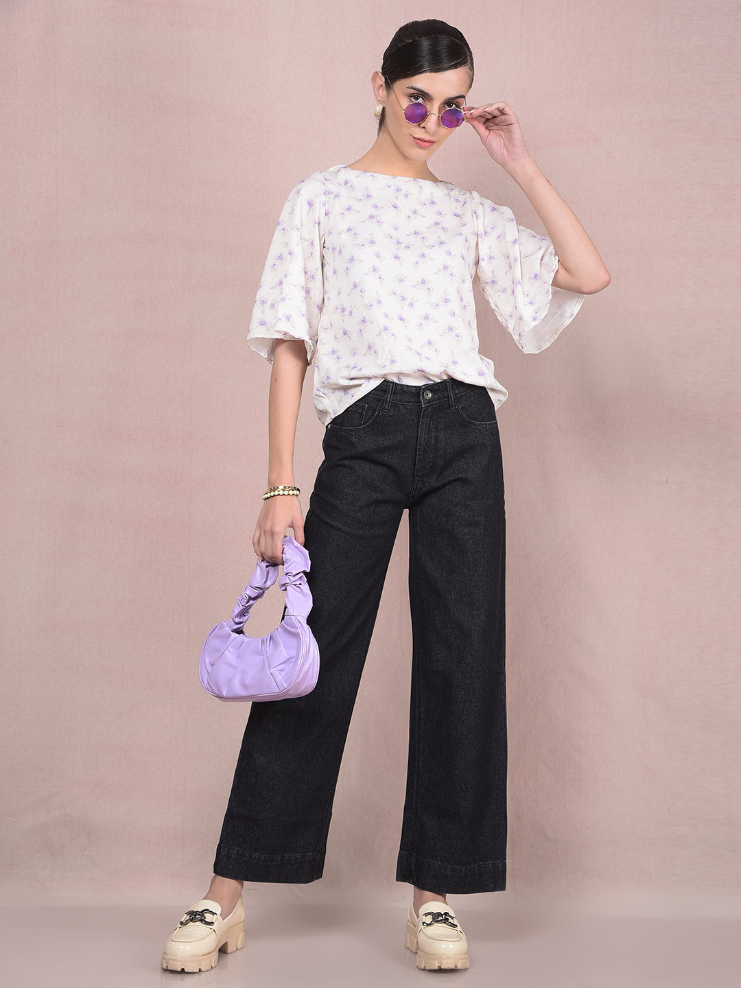 Purple Floral Print Top-Women Tops-Crimsoune Club
