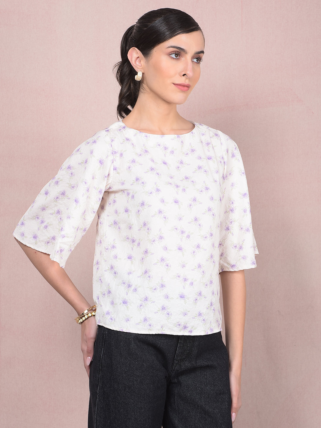 Purple Floral Print Top-Women Tops-Crimsoune Club