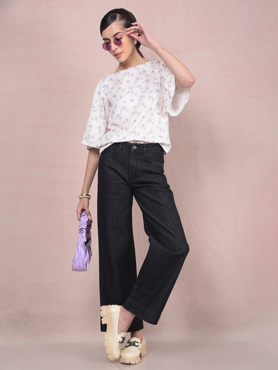 Purple Floral Print Top-Women Tops-Crimsoune Club