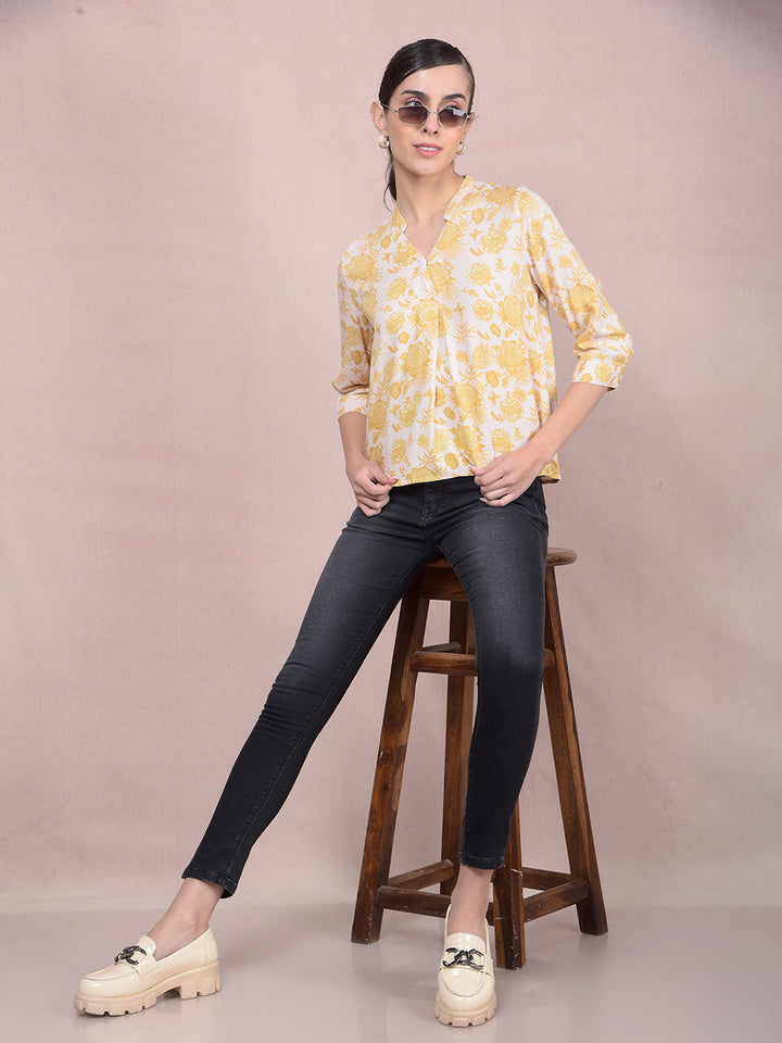 Mustard Floral Print V-Neck Top-Women Tops-Crimsoune Club