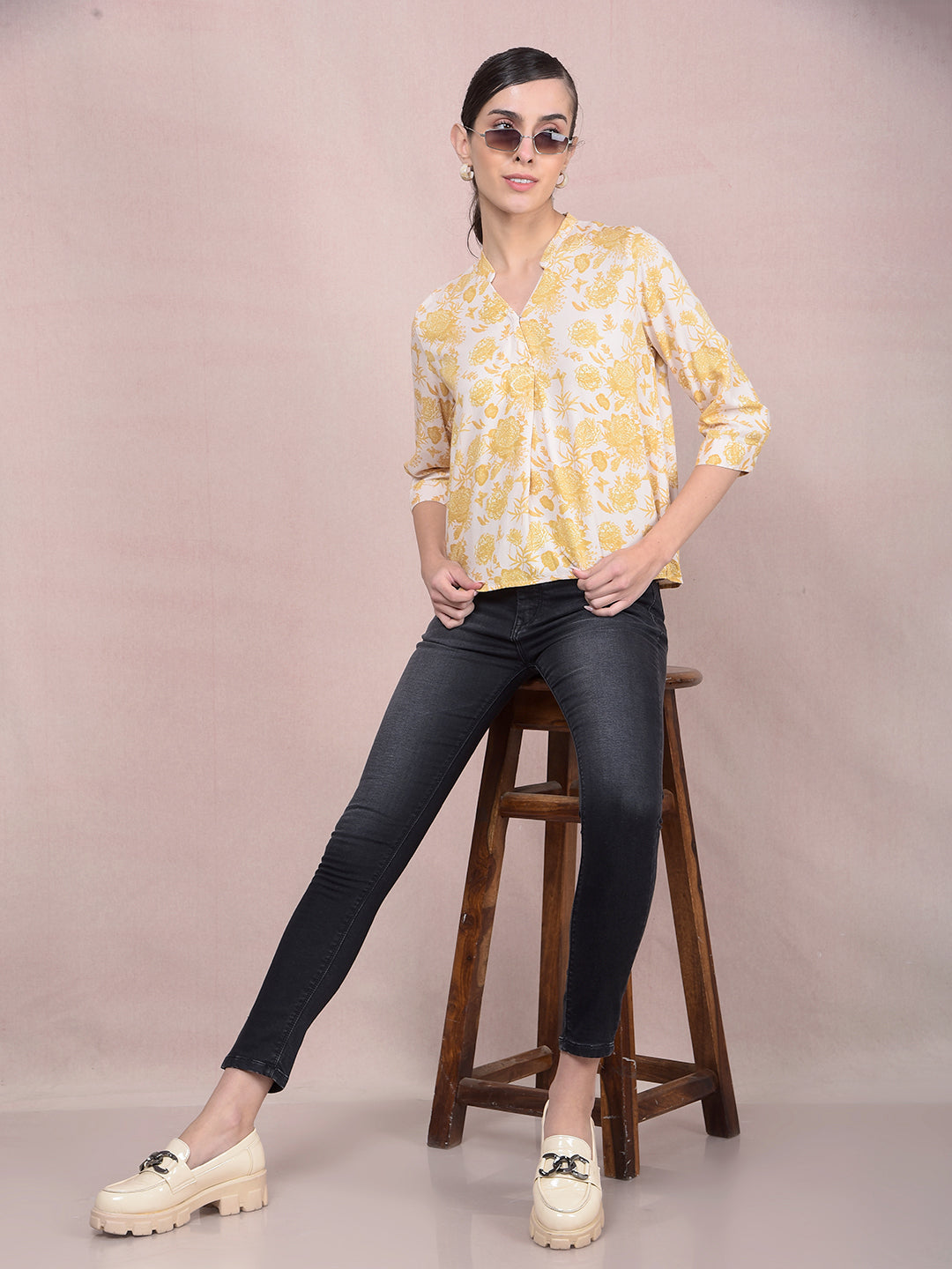 Mustard Floral Print V-Neck Top-Women Tops-Crimsoune Club