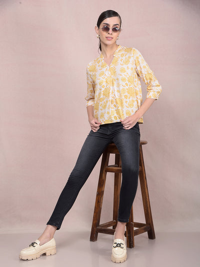 Mustard Floral Print V-Neck Top-Women Tops-Crimsoune Club