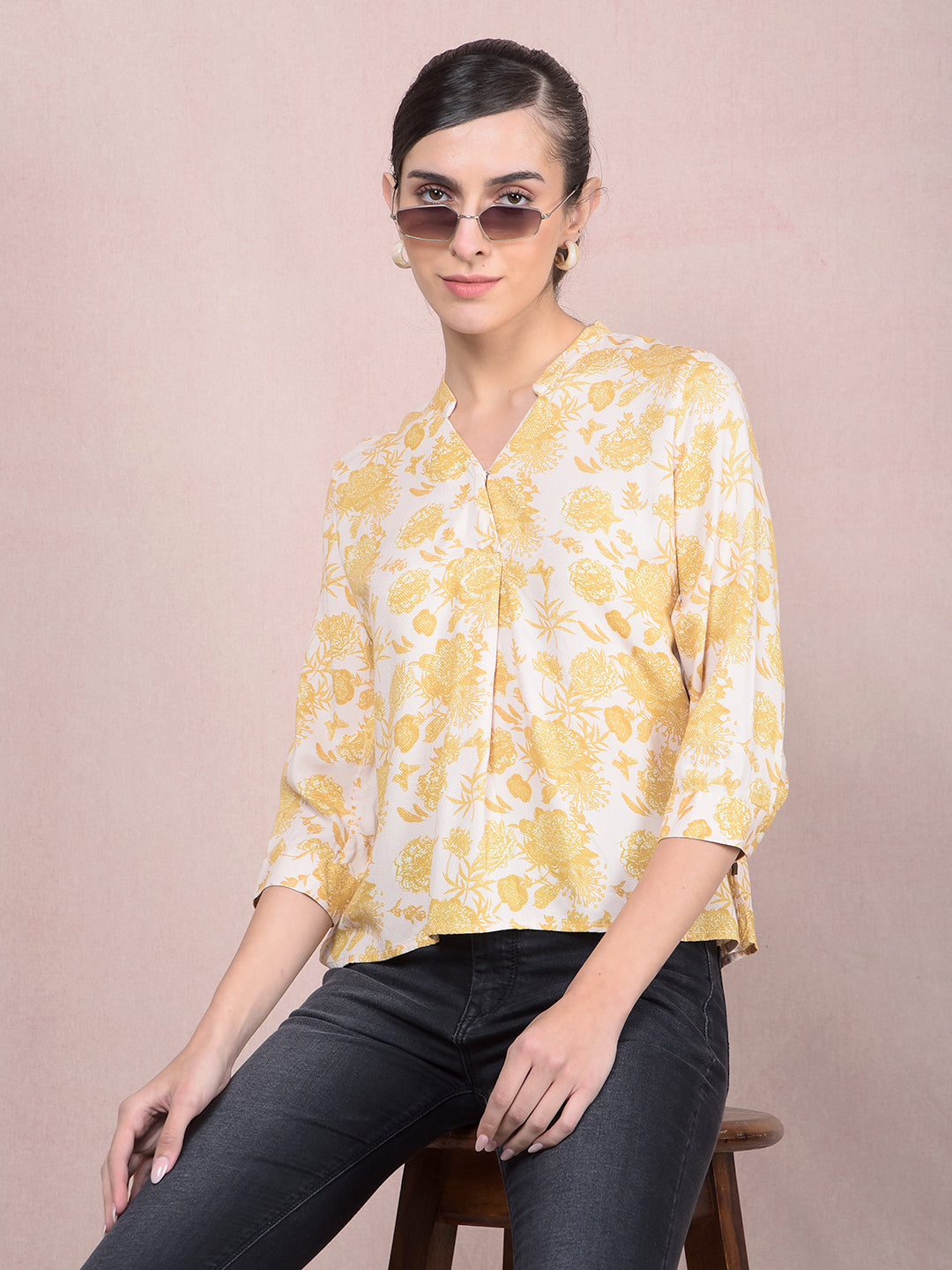 Mustard Floral Print V-Neck Top-Women Tops-Crimsoune Club