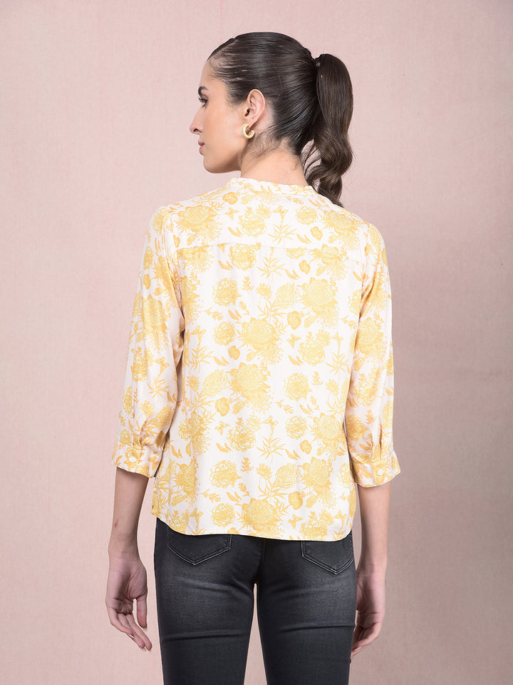 Mustard Floral Print V-Neck Top-Women Tops-Crimsoune Club