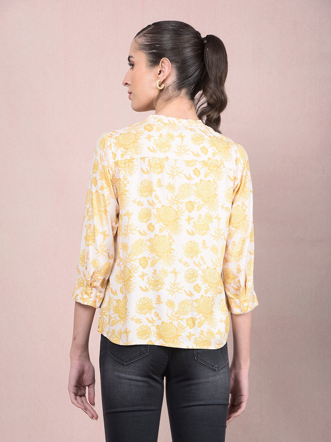 Mustard Floral Print V-Neck Top-Women Tops-Crimsoune Club