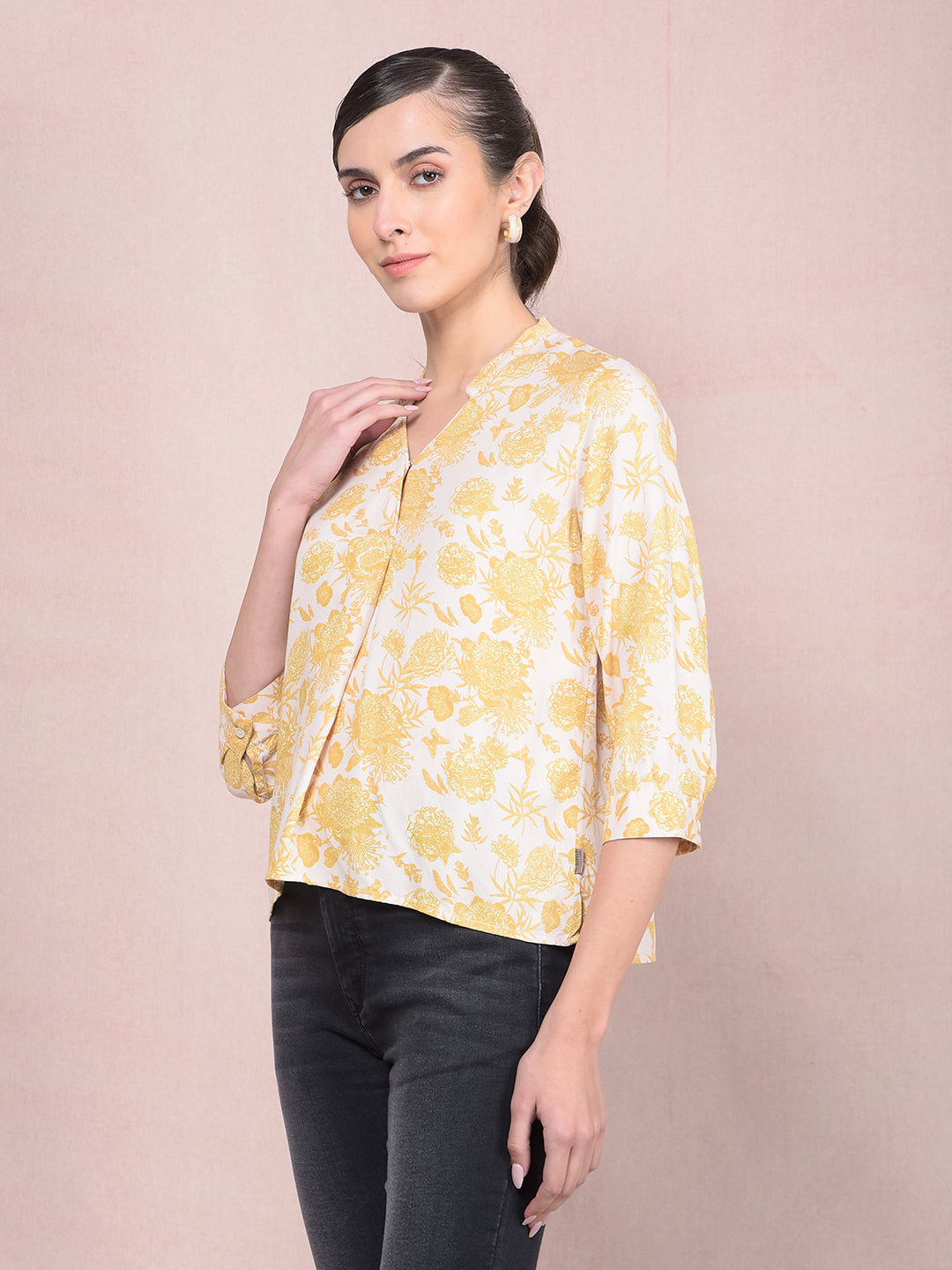 Mustard Floral Print V-Neck Top-Women Tops-Crimsoune Club