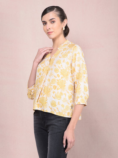 Mustard Floral Print V-Neck Top-Women Tops-Crimsoune Club