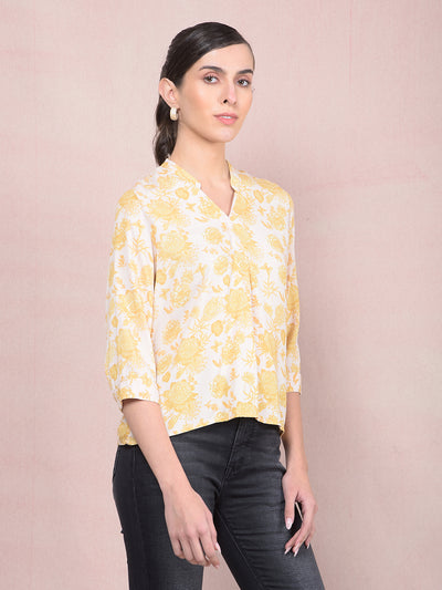 Mustard Floral Print V-Neck Top-Women Tops-Crimsoune Club