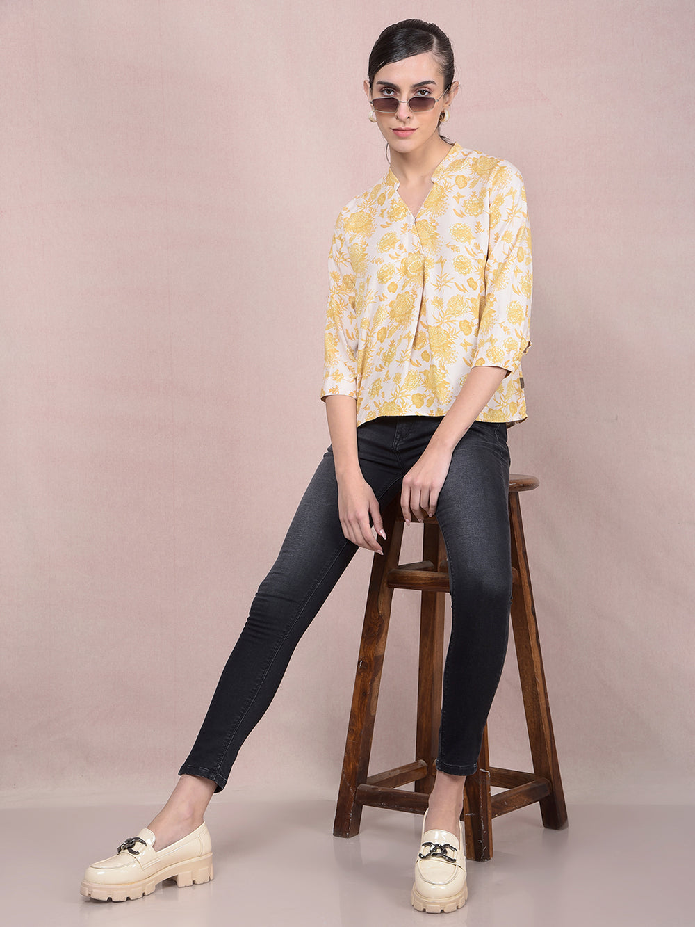 Mustard Floral Print V-Neck Top-Women Tops-Crimsoune Club