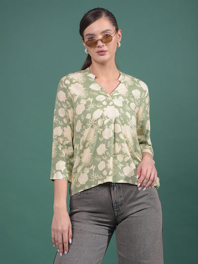 Green Floral Print V-Neck Top-Women Tops-Crimsoune Club