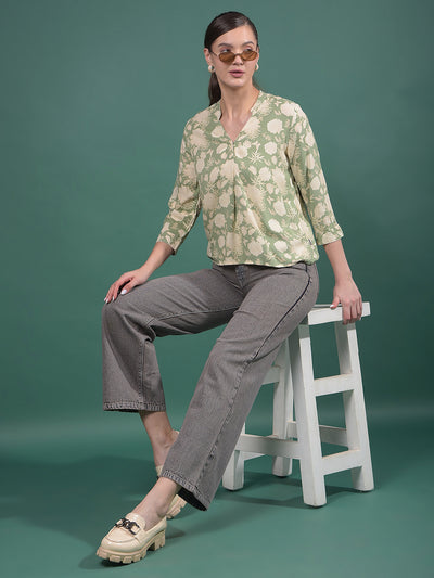 Green Floral Print V-Neck Top-Women Tops-Crimsoune Club