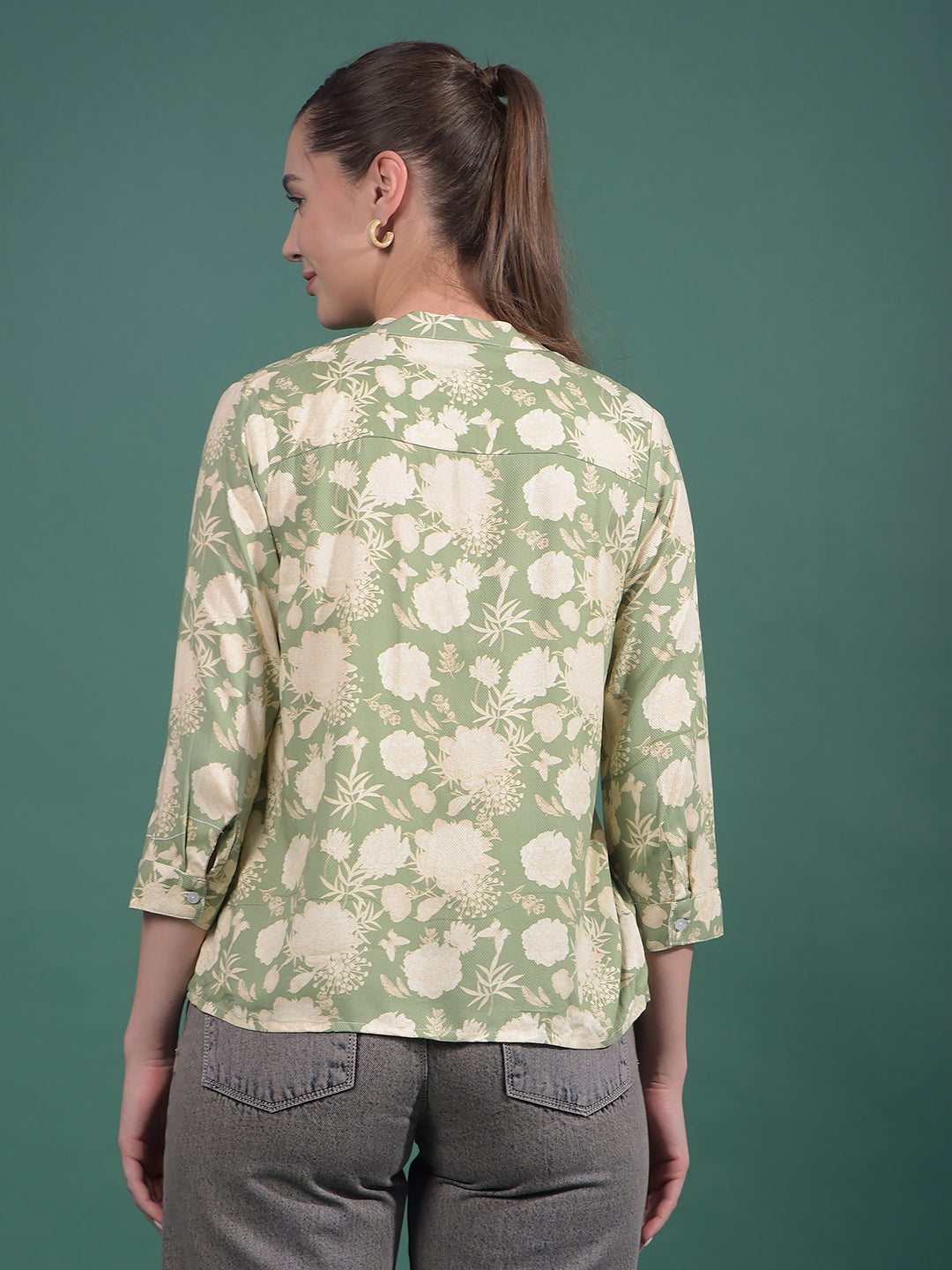Green Floral Print V-Neck Top-Women Tops-Crimsoune Club
