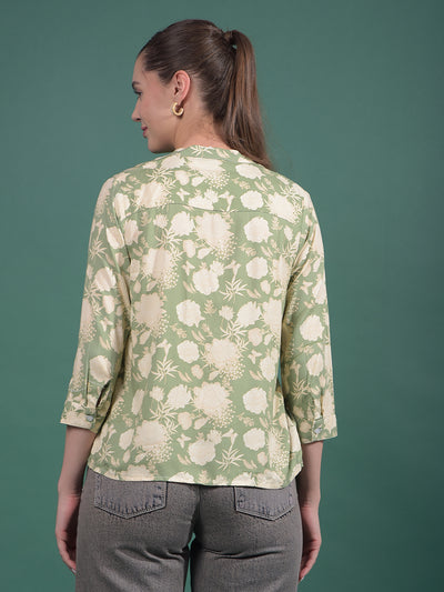 Green Floral Print V-Neck Top-Women Tops-Crimsoune Club