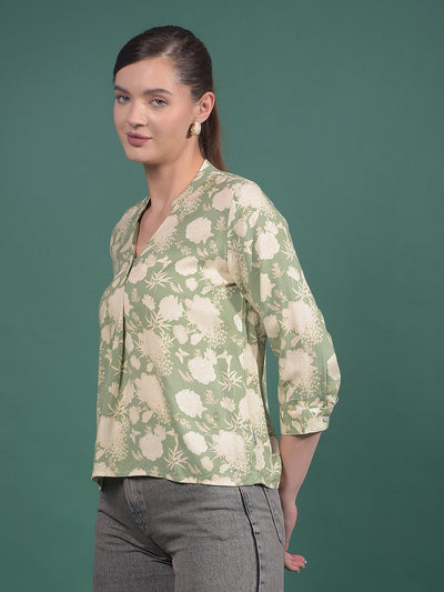 Green Floral Print V-Neck Top-Women Tops-Crimsoune Club