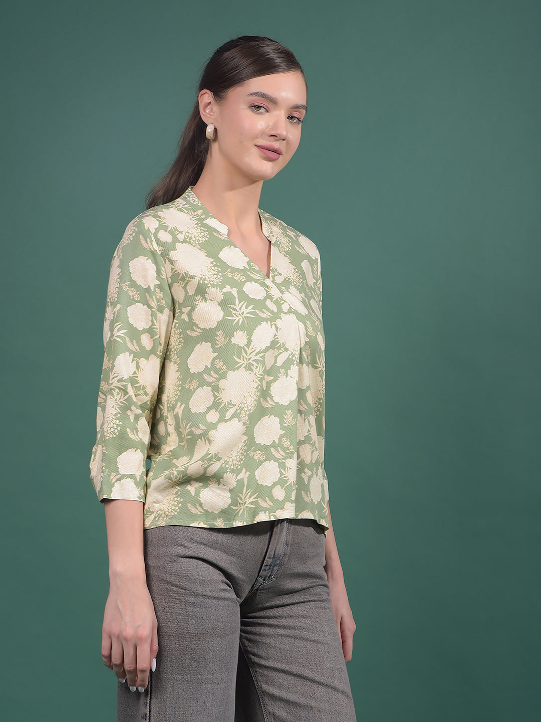 Green Floral Print V-Neck Top-Women Tops-Crimsoune Club