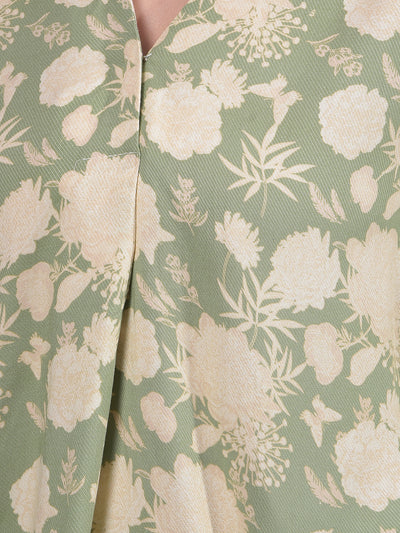 Green Floral Print V-Neck Top-Women Tops-Crimsoune Club