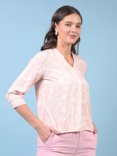 Women's Peach Floral Print V-Neck Top-Women Tops-Crimsoune Club