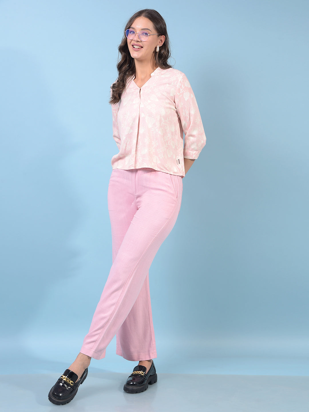 Women's Peach Floral Print V-Neck Top-Women Tops-Crimsoune Club