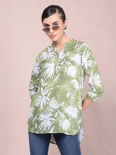 Green Floral Print V-Neck Linen Top-Women Tops-Crimsoune Club