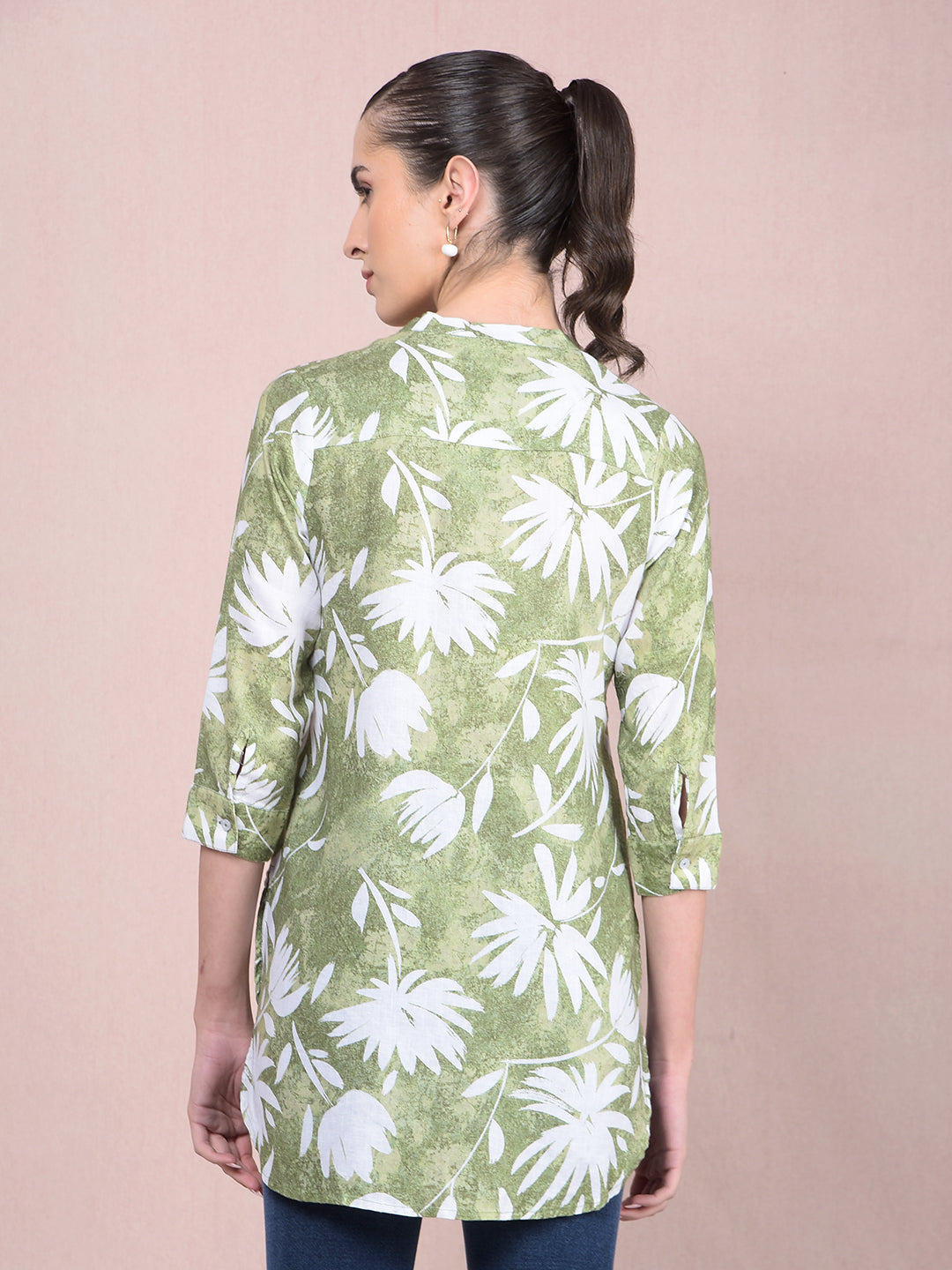 Green Floral Print V-Neck Linen Top-Women Tops-Crimsoune Club
